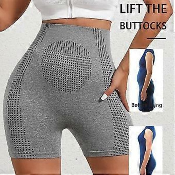 Sportshorts för damer, högmidjade shorts med magkontroll (L Grå)