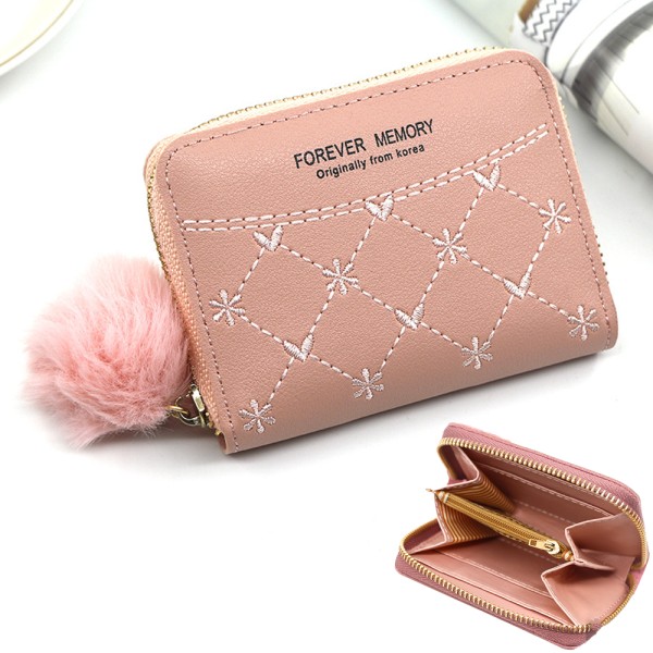 Brodert damelommebok rosa, liten sammenleggbar skinnpung for kvinner