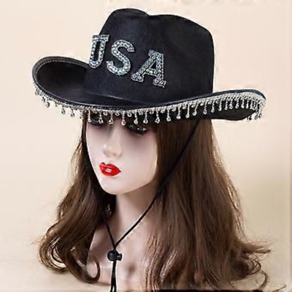 Cowboyhat med Rhinestone-skyggedesign til Kvinder Piger Åndbar Cowboyhat med Justerbart Reb Western Style Filthat Sort( )