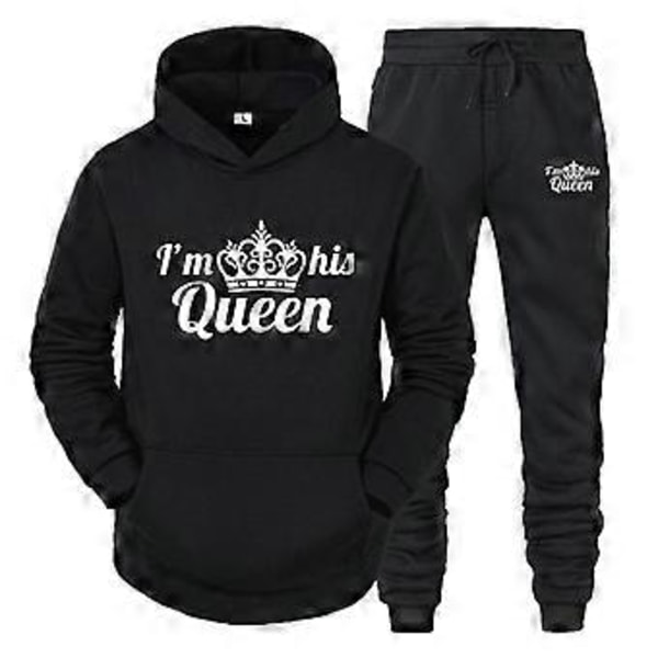 King Queen Tröjset Herr Och Dam Fritid Sport Hoodie Set Tvådelad Outfit -NMAOV(L QUEEN svart set)