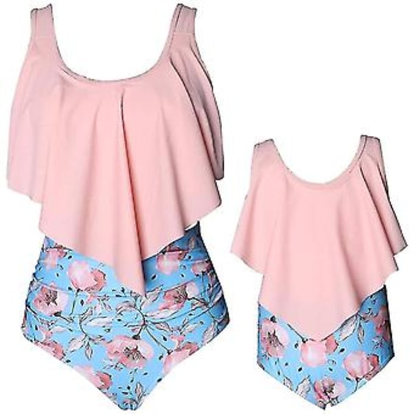 Flickbaddräkt Tvådelad Bikini Set Volang Falbala Badkläder Baddräkter-e( Rosa Blomma)