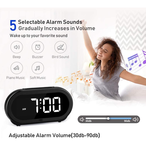 Liten LED-väckarklocka med snooze, enkel att ställa in, full range