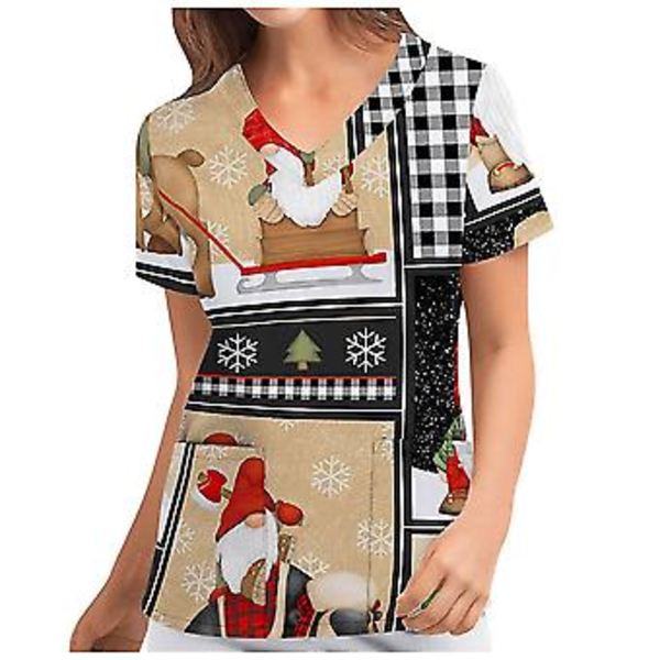 Julskjorta för kvinnor, sjuksköterskeuniform, kortärmad, V-ringad, julblus, T-shirt (XL Kaffe)