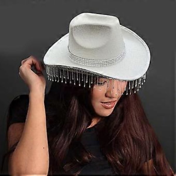 Hatt med glitrende rhinsteiner og frynser for kvinner og menn, musikkfestival Fedora-hatt med store bremmer, glitrende pudder for fest, hvit( )