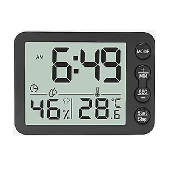 Hygrometer och digital rumstermometer för inomhusbruk med väckarklocka, för hem, kontor (Svart)