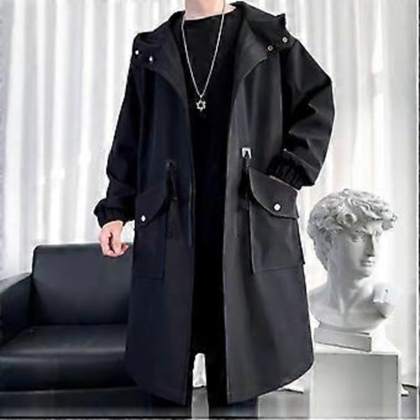 Vandtæt Forårsjakke Herre Hætte Windbreaker Ensfarvet Trend Frakke Casual Løs Komfortabel Parka Lang (M army grøn)