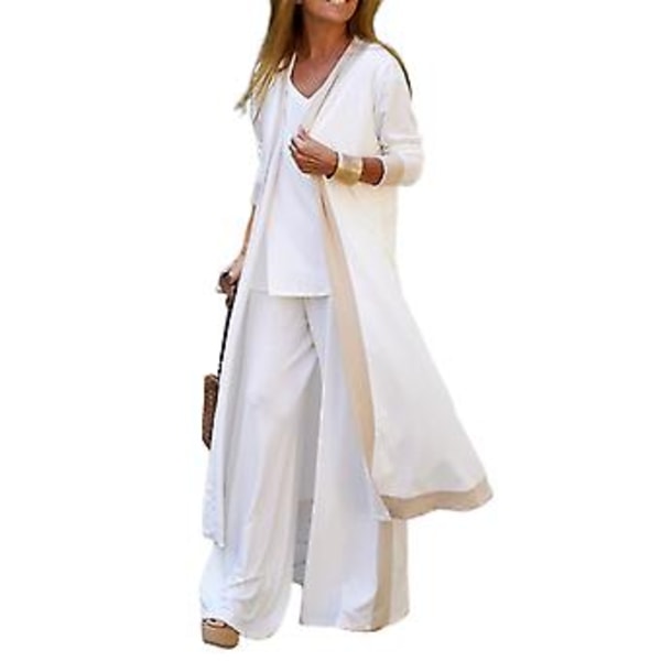 Fianao 1 Set Neuletakki Topi Housut Värilohko Leveät Housut Naiset Elegantti Pitkähihainen Keski-Vyötärö Asuste (2XL Valkoinen)