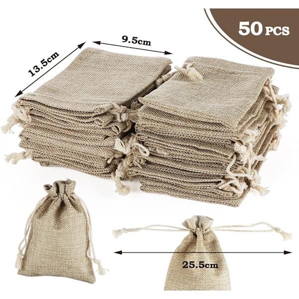 50 kpl hamppupellavapusseja, kangaspusseja nauhalla, mini natur