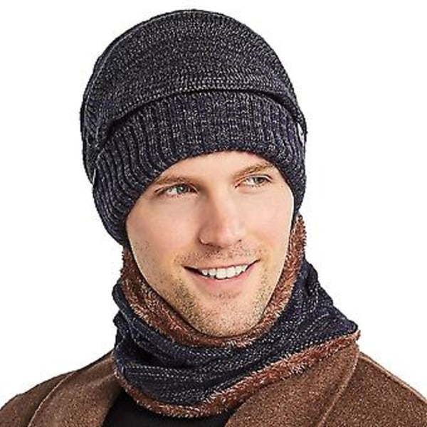 Hettelue, halsvarmer og ansiktsdekke i strikket fleece for menn - Vintervarm skihjelm (Marineblå)