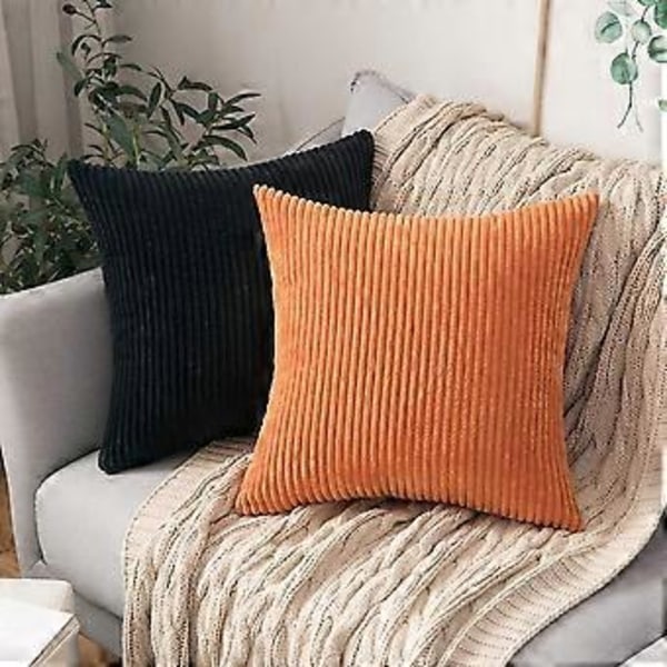 Pakke med 2 Corduroy Myke Solide Dekorative Firkantede Puter Trekk Putetrekk for Sofa Stue Soverom Bil 26 x 26 Tommer Svart