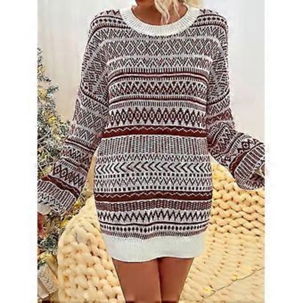 Jul Dam Långärmad Rundhalsad Tröja Pullover Topp Vinter Ledig Lös Rundhalsad Ullklänning (XL Brun)