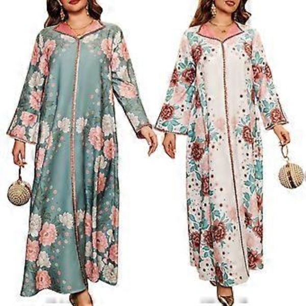 Islamisk Kvindekjole Fuld Længde Kaftan Kjole Blomsterprint Kjole Fuld Længde Islamisk Kjole Mellemøstlig Kåbe Grøn XXL(XXL Grøn)