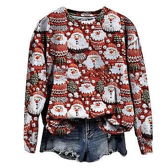 Dame 3D Morsomme Juleprintede Gensere Langermet Uformelle Pullover Topper Bluse Julegaver (2XL 3)