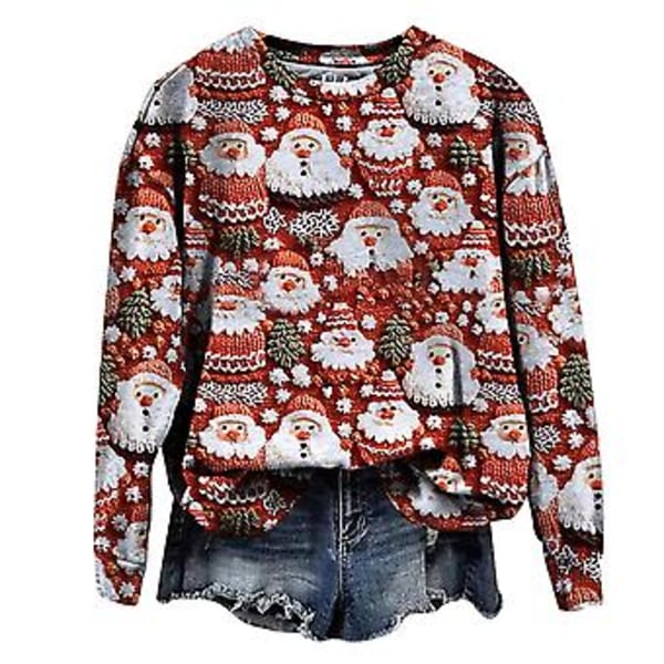 Damer Kvinner 3D Morsom Jul Trykk Gensere Lang Ermet Casual Pullover Topper Bluse Julegaver (XL 3)