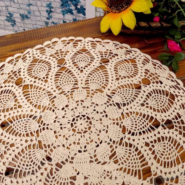 Handgjord bomulls spets rund doily beige 60cm