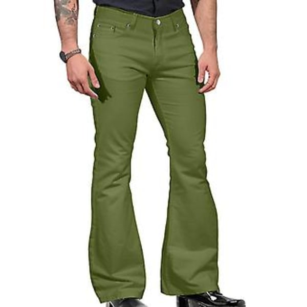 Vintage Jeansbukser Solid Farge Elastisk Smal Passform Midje Bell Bottom Bukser Mote Menn Flare Bukser (M Army Green)