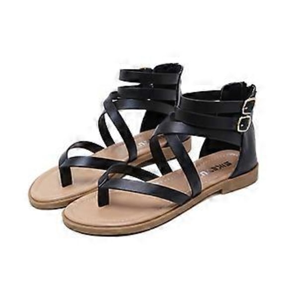 Sommersandaler for kvinner, stor størrelse, moteriktig glidelås, romerske sandaler (EU 40 Svart)