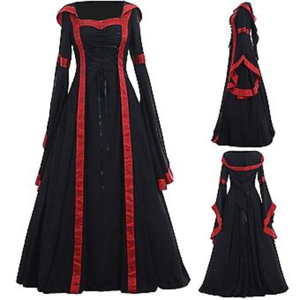 Fianao Keltisk Kvinders Snørebånd Langærmet Gulvlang Middelalderkjole Halloween Kostume (S Rød)