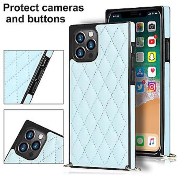Case til iPhone 14 med Kæde PU Læder Datura Diamantgitter (Lyseblå)