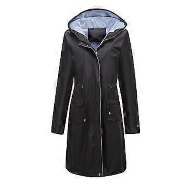 Vindjakke til kvinder med hætte, lang løs frakke med sidelomme, let udendørs regnfrakke, vandrejakke (2XL sort)