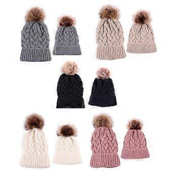Moderne Beanies Forældre-Barn Hat Varm Beskyttelse Vinterhatte Strikket Uld Hat med Blød Pompom Sød Hue til Børn (pink)