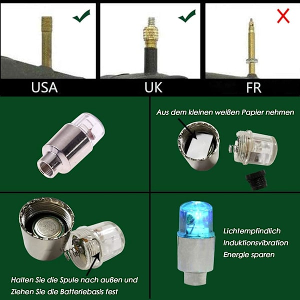 (Blå) 4-pak sykkel motorsykkel hjul lys ventil støvhetter bil LED