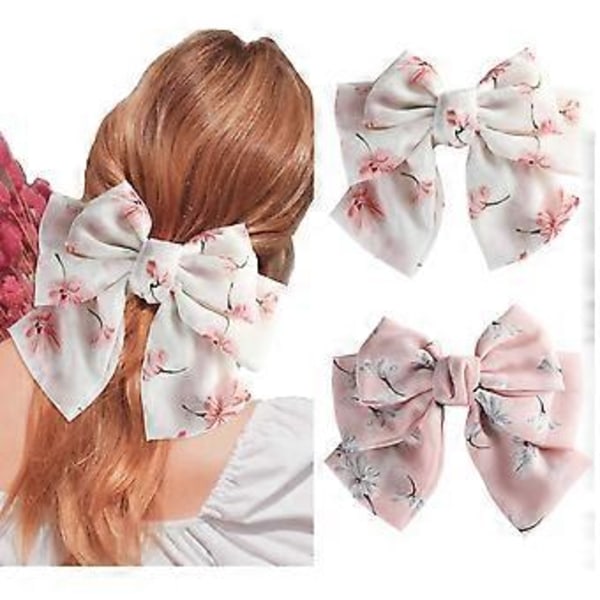 Chiffon Sløjfe Hårklemme Dame Elastisk Hårklemme Fest Hovedbeklædning (Hvid + Pink) 2 stk