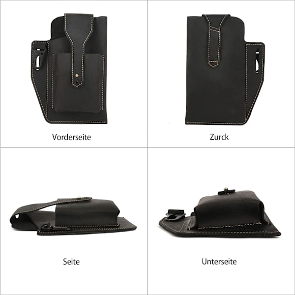 (sort) Mobiltelefon Fanny Pack med nøglering, Retro ægte læder Fanny Pack til mænd, Multifunktion
