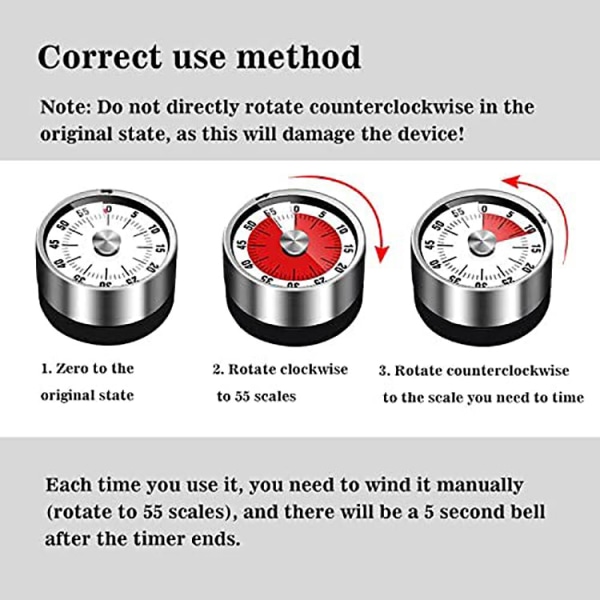 Visuell analog timer, 55 minutter, kjøkkentimer, nedtelling for barn