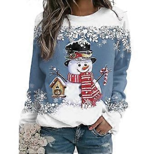 Dam Jul Snögubbe Snöflinga Tryckt T-shirt Långärmad Rundhalsad Topp Jultröja -NMAOV(M D)