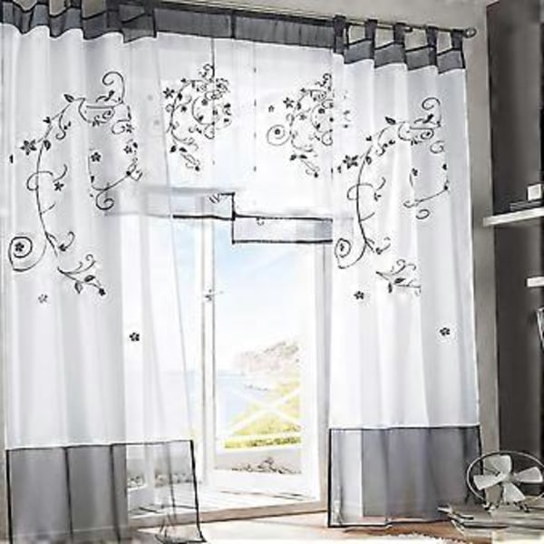 Blomstrede gennemsigtige gardiner Voile broderi vinduespaneler med stropper til soveværelse stue dekoration 2 paneler, grå, B140cm x H225cm