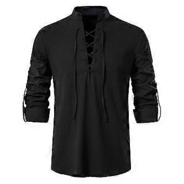 Herre Retro Langærmet Skjorte Toppe Renaissance Viking Pirat Hippie Bluse -NMAOV(M Sort)