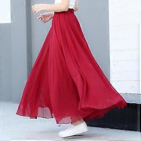Vårkjol Lager Chiffong Långa Kjolar För Kvinnor Elegant Casual Hög Midja Boho Strand Maxikjolar Saias Femme(XL vinröd)