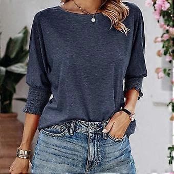 Dame Crew Neck Tunika Top Tee Top 3/4 Ærme Basic T-shirts Basic Tee Bluser Ensfarvet Løs Pasform Tunika Top Bluser Sort S(S Sort)