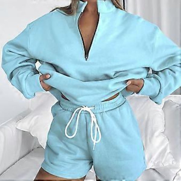 Dam 2-delade träningsdräkter set avslappnad oversized dragkedja långärmad hoodies sweatshirt topp och shorts lounge set aprikos S(S aprikos)