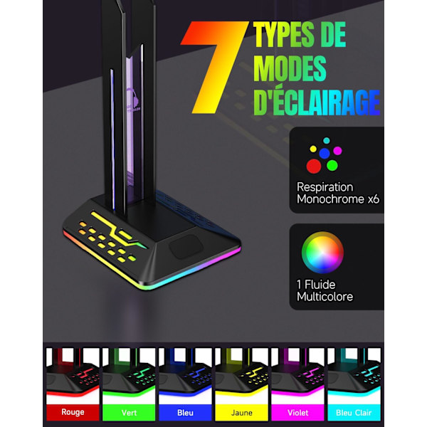 RGB-headsetstativ, speltillbehör, headsetstativ med 2 USB-portar och 1 typ C-port, cool LED He