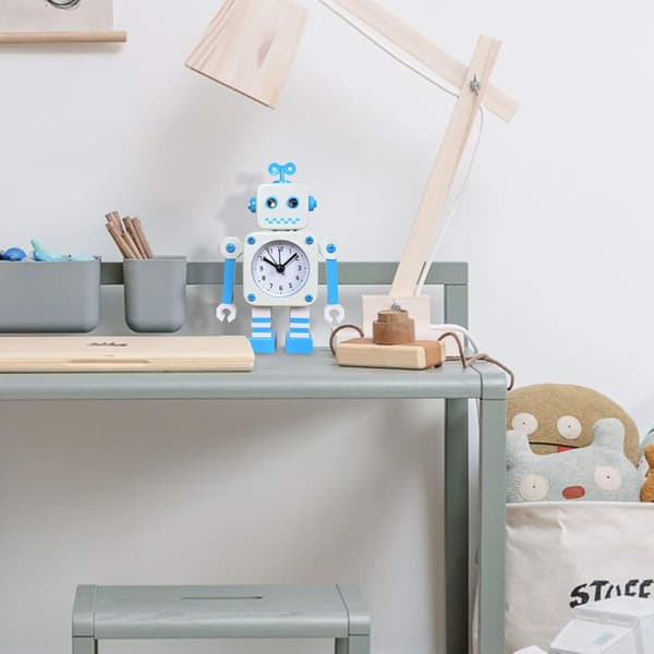 Hvid blå robotvækkeur, rustfrit stål lydløs vækkeur