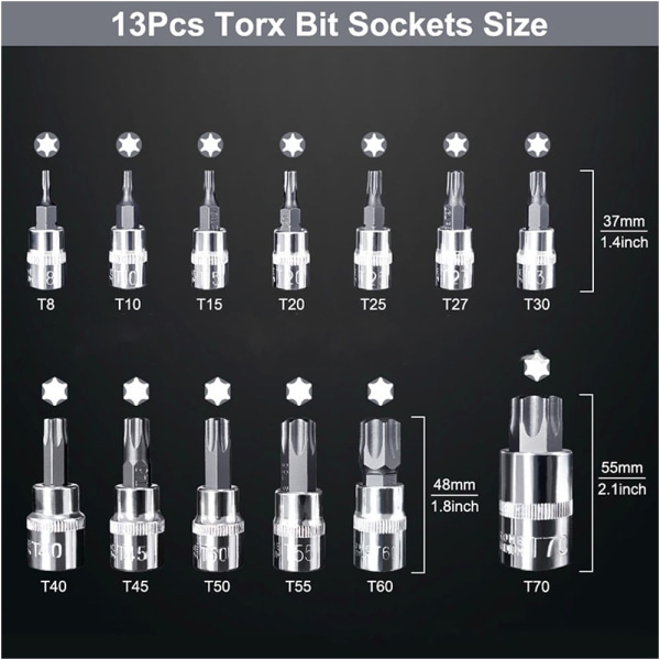 Torx han-indsats 1/2'', 1/4'', 3/8'', T8-T70 13 dele