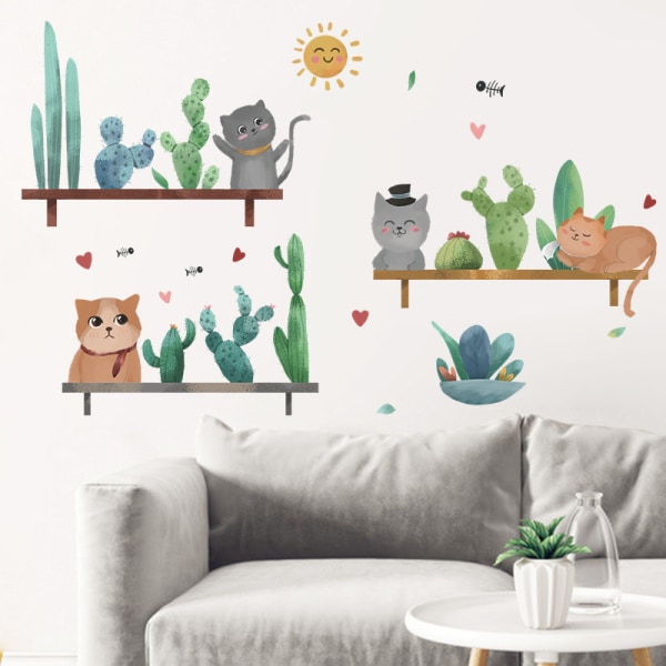Veggklistremerker med kombinasjon av kaktus og kattunge på den idylliske litt