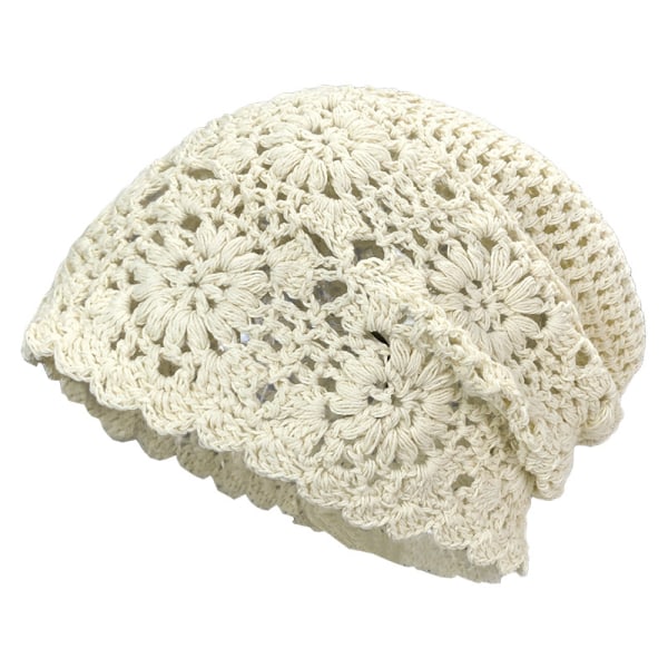 Solid Beige Kvinnor Bomull Virka Slouchy Mössa Hätta Handgjord Stickad