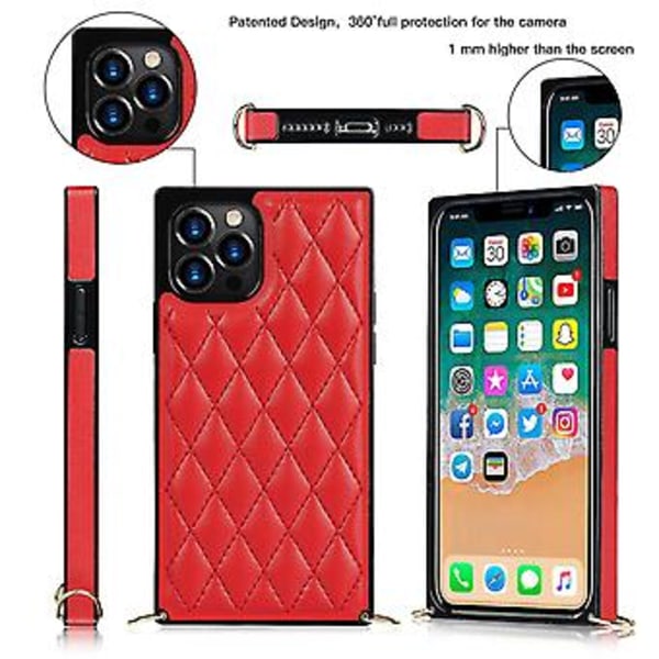 iPhone 14-fodral med kedja i PU-läder Datura Diamond Lattice (Röd)