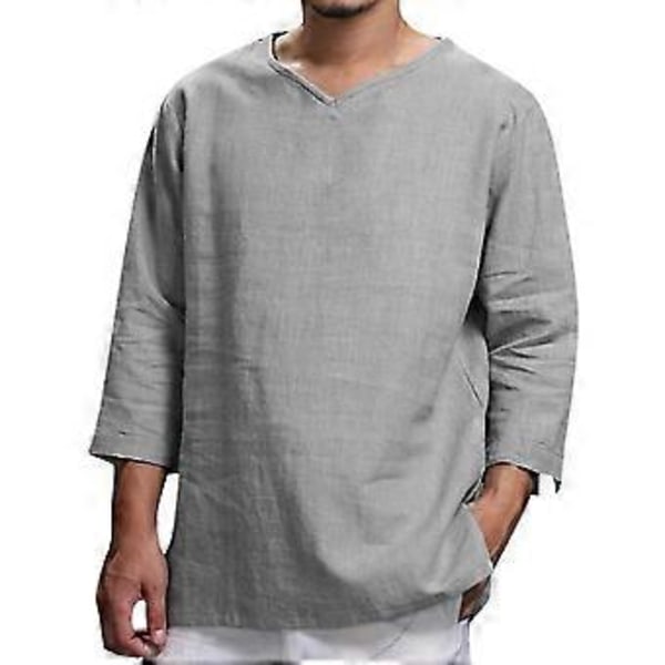 hmwy-ensfarvet linned-look t-shirt mænd 3/4 ærme v-hals afslappet tee shirt baggy toppe (XL Grå)