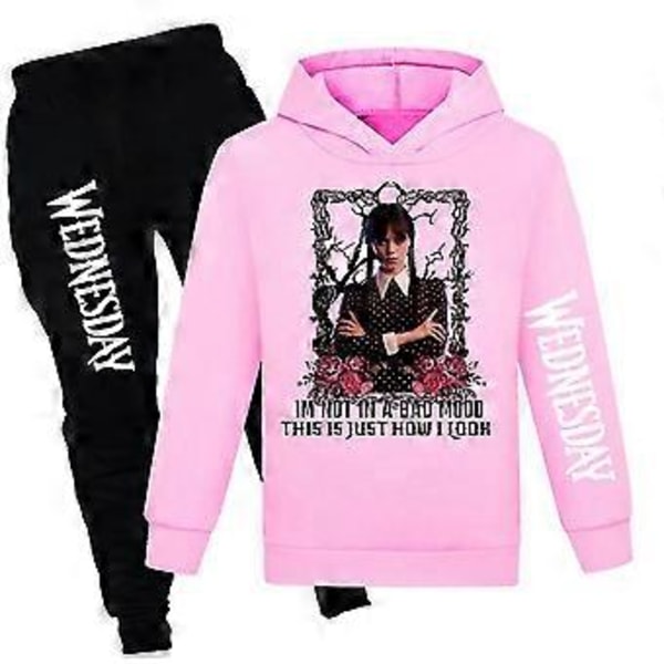 Wednesday Addams Træningssæt Børn Langærmet Afslappet Hættetrøjer Hættetrøje Top Bukser Sæt Activewear Gave (9-10 år Pink)