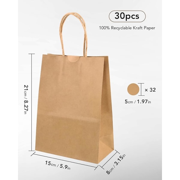 Paper Bags, 30 Gift Bags, Kraft Paper Bags with Handles, 21 x 15