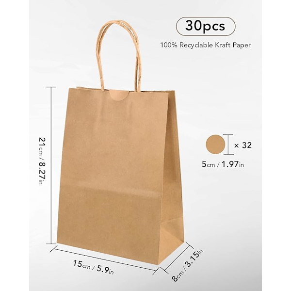 Papirposer, 30 gaveposer, Kraftpapirposer med håndtag, 21 x 15