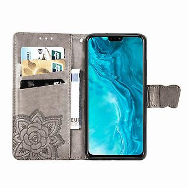 Lederetui for Huawei Honor 9X Lite med sommerfugl og blomster (grå)
