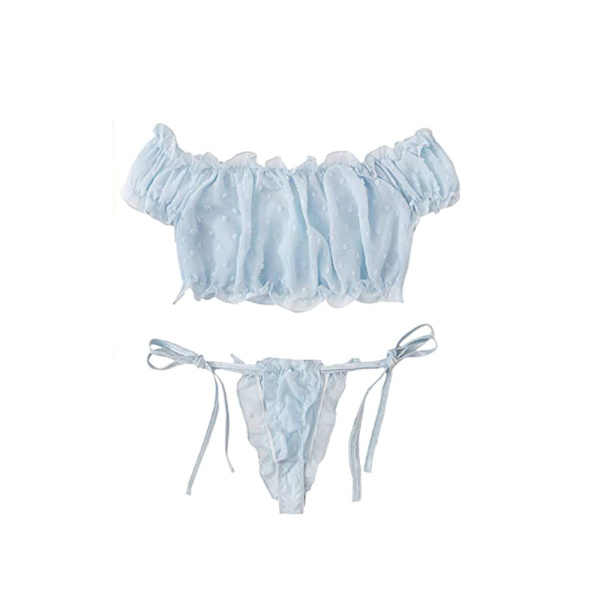 Kvinners selvbindende blondekant Dobby Mesh Lingerisett Sexy BH og