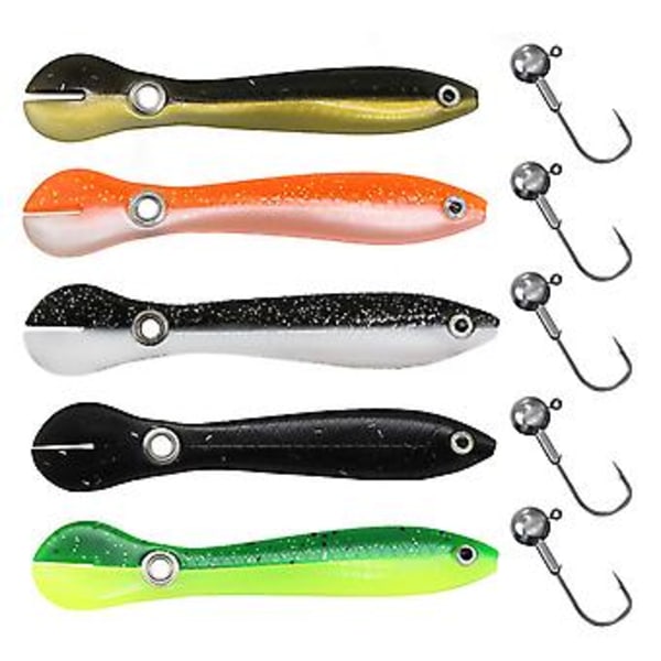 Fiskesluker for ferskvann og saltvann, fargerike gjørmefisk-sluker med krok for saltvannsfiske (6,7 cm, 5 stk)