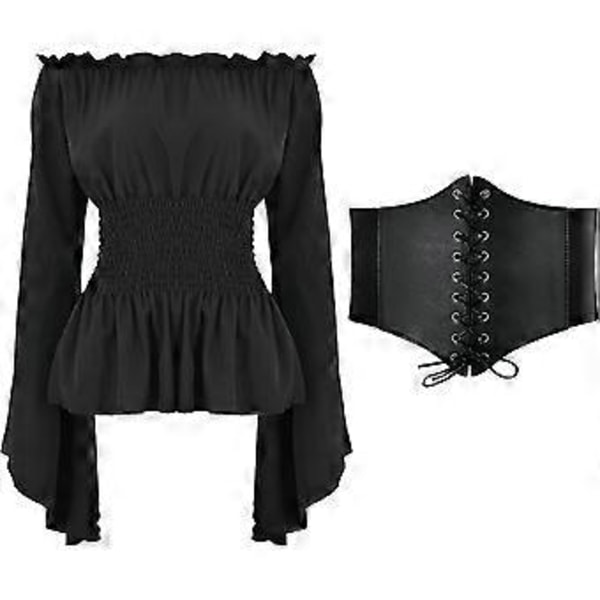 Ny Kvinders Renaissance Bluser Toppe Korset Talje Bælte Middelalderlig Victorian Off Shoulder Langærmet Skjorte Pirat Cosplay Kostumer Hurtig 2023 (Medium Sort)