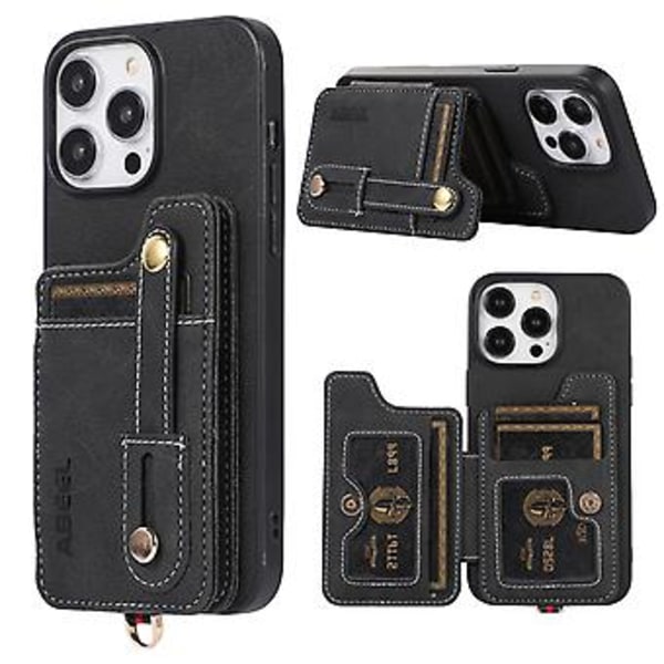 ABE Litchi Texture Card Bag PU-etui til iPhone 15 (Sort)